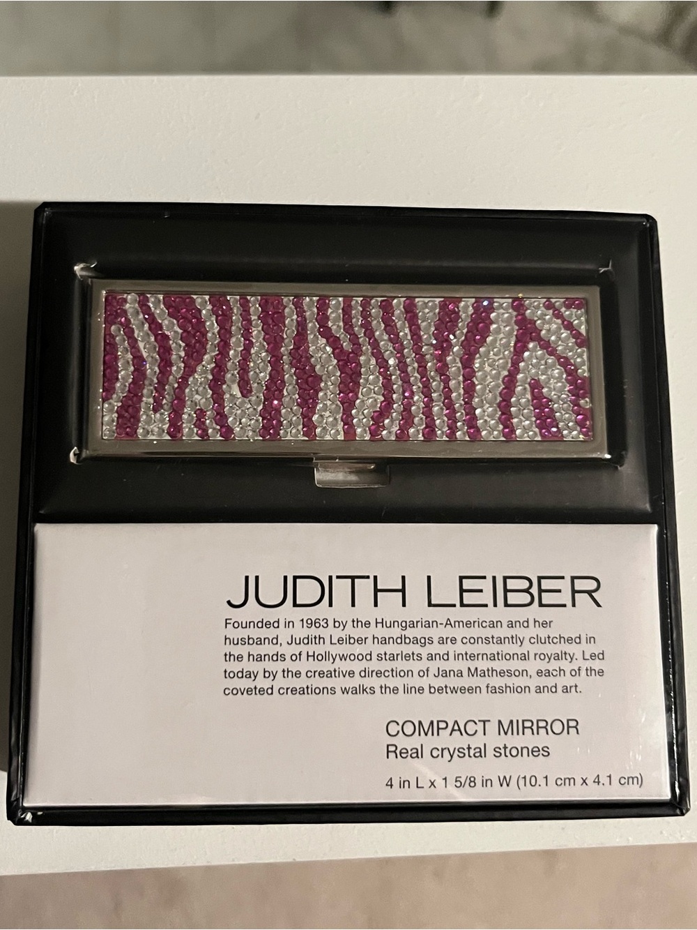 Judith Leiber Pink and Silver Crystal Zebra Compact Mirror